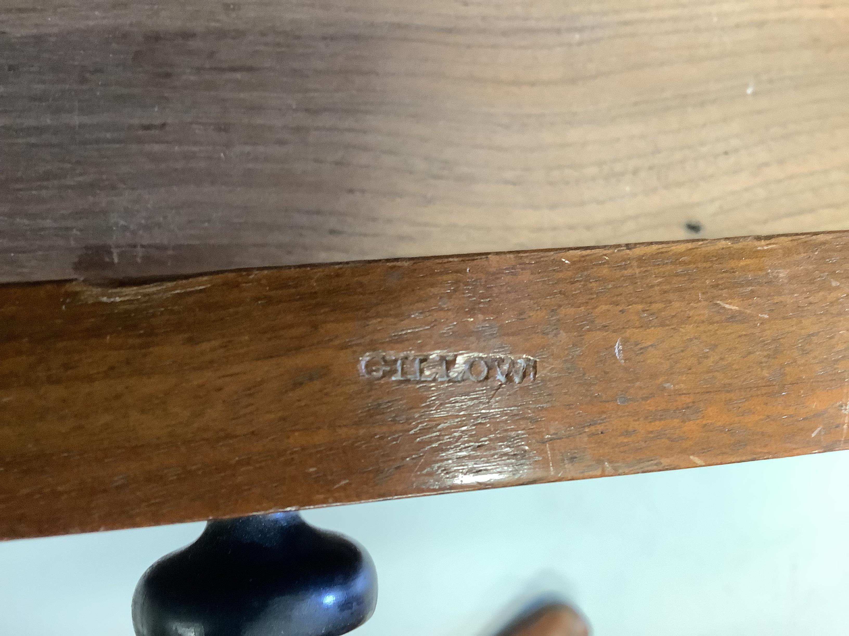 A Victorian Gillows walnut and part ebonised two drawer writing table, width 91cm, depth 53cm, height 75cm